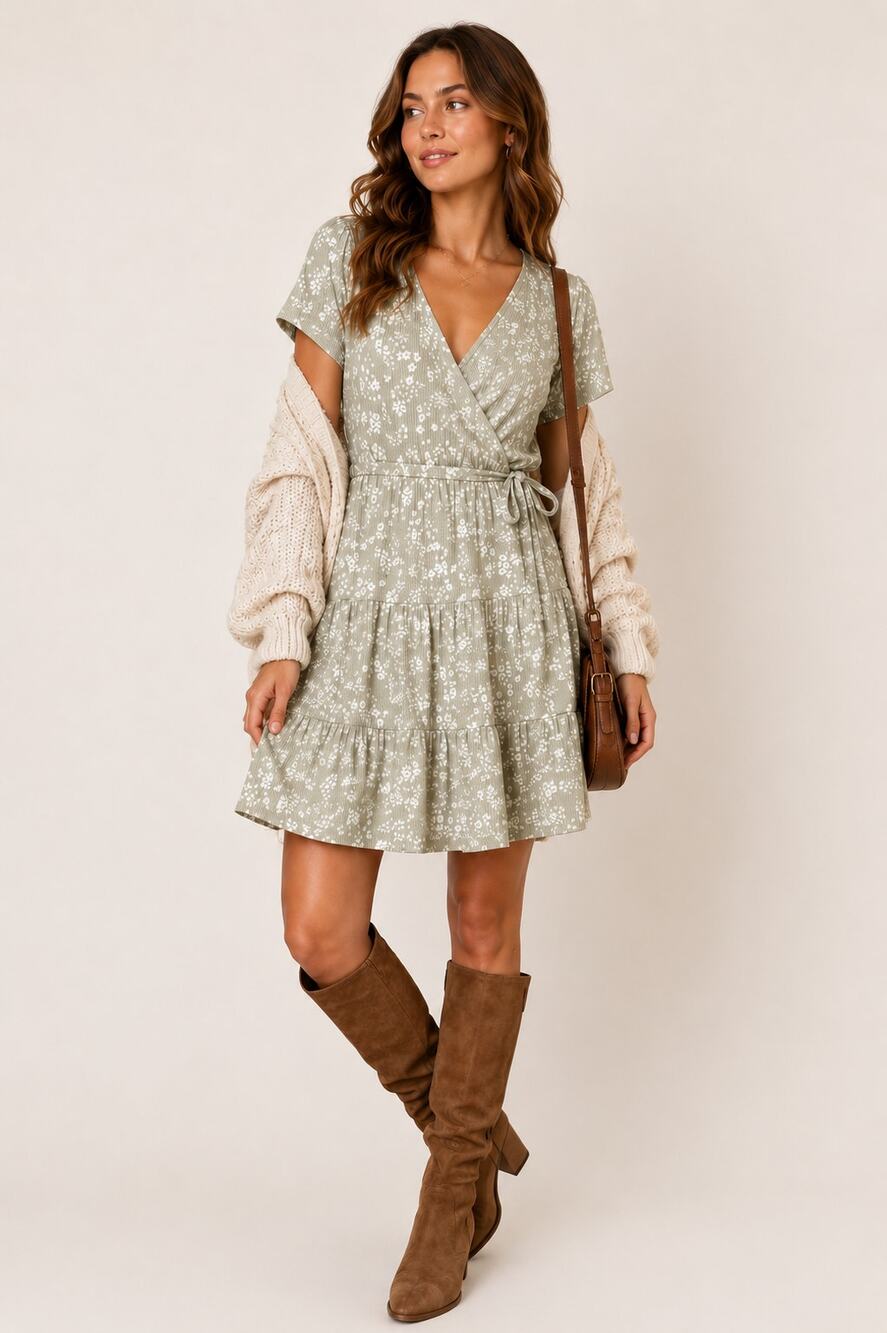Derek Heart Sage Green Floral Ribbed Tiered Wrap Dress Size Large